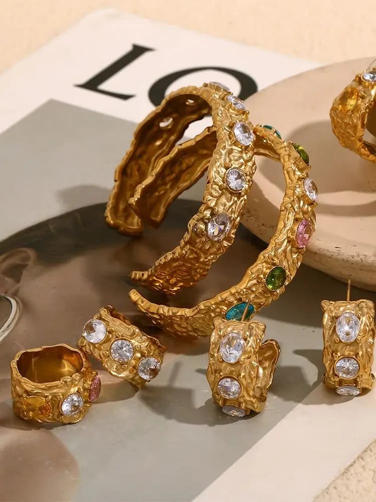 E.B.belle – ensemble de bijoux en strass colorés irréguliers pour femmes, boucles d'oreilles, bagues, en acier inoxydable plaqué or 18 carats,