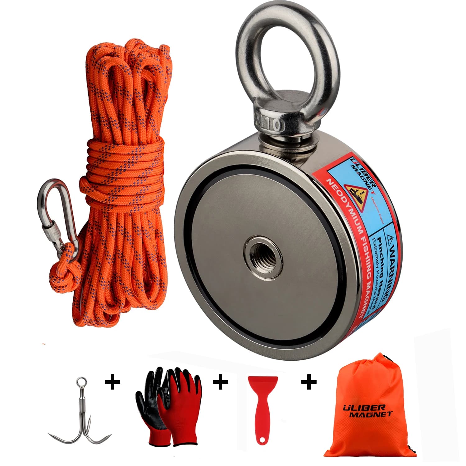 Kit de pêche magnétique Double face 300-500KG, aimants en néodyme, gants à griffes de corde, colle, sac de pelle en plastique, récupération