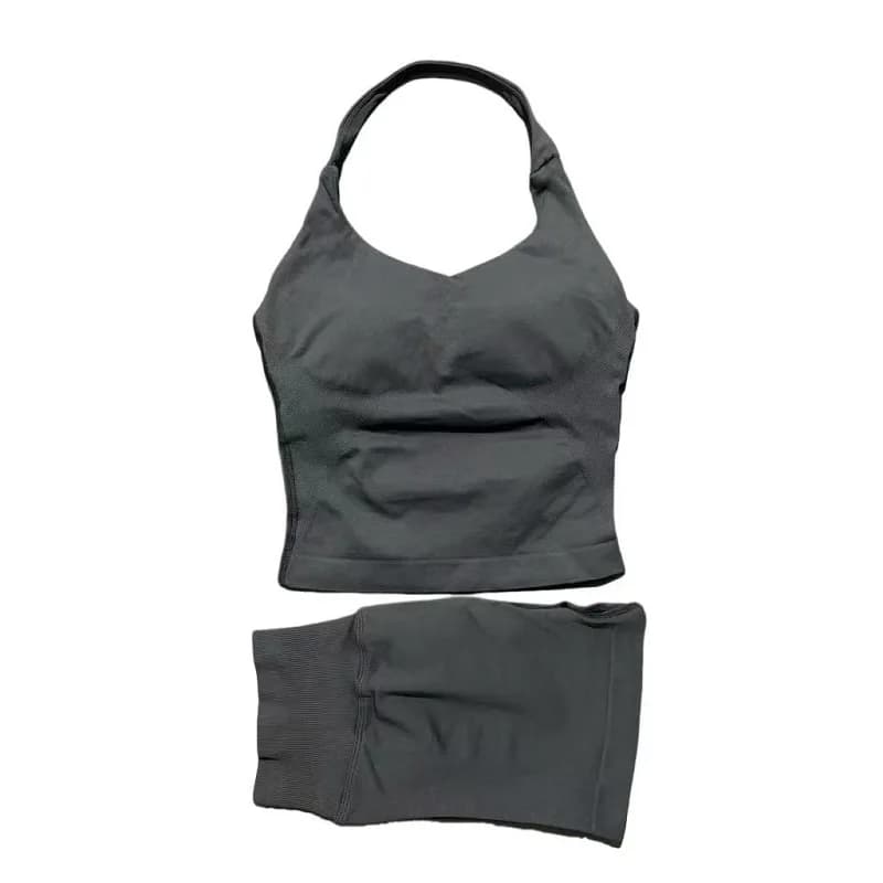 Ensemble de sport 2 pièces pour femme : débardeur long à bretelles rembourré et short de sport sans couture pour le yoga, le fitness et la course