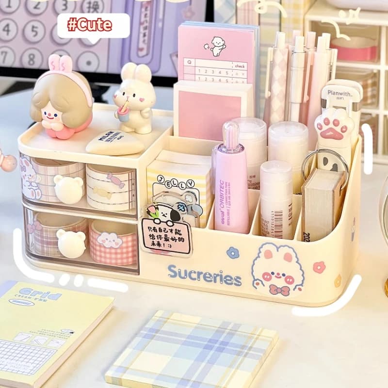 Nouvelle boîte de rangement de bureau 2026, organisateur de bureau mignon avec poignée en forme d'ours, type tiroir, porte-stylos