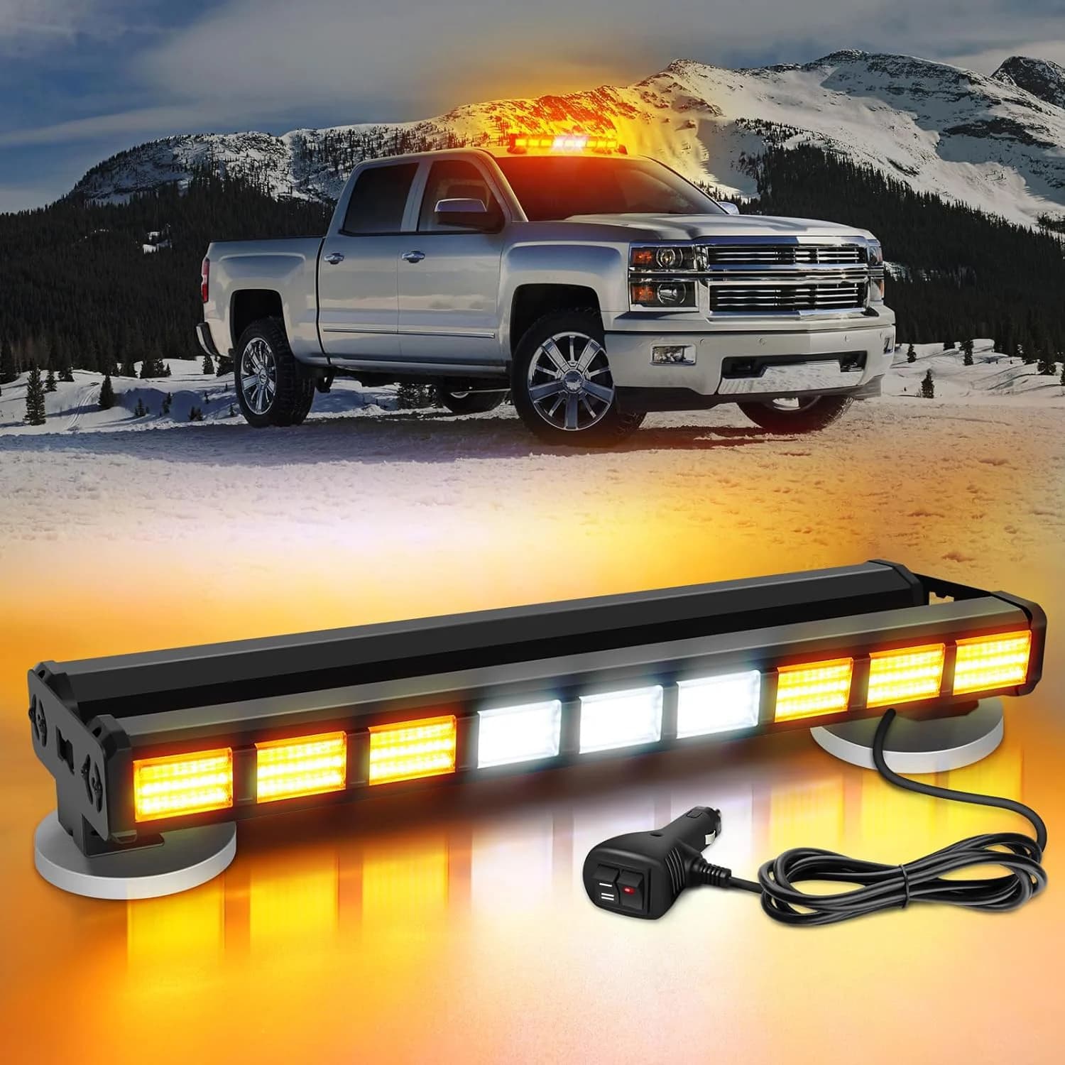 Barre lumineuse stroboscopique LED de 17 pouces, 26 Modes de clignotement, balise d'avertissement de danger d'urgence haute intensité avec Base