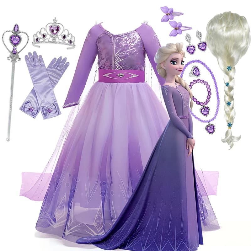    Costume Elsa Disney pour fille, vêtements de carnaval à manches longues violets pour fête d'anniversaire, vêtements de princesse Elsa pour
