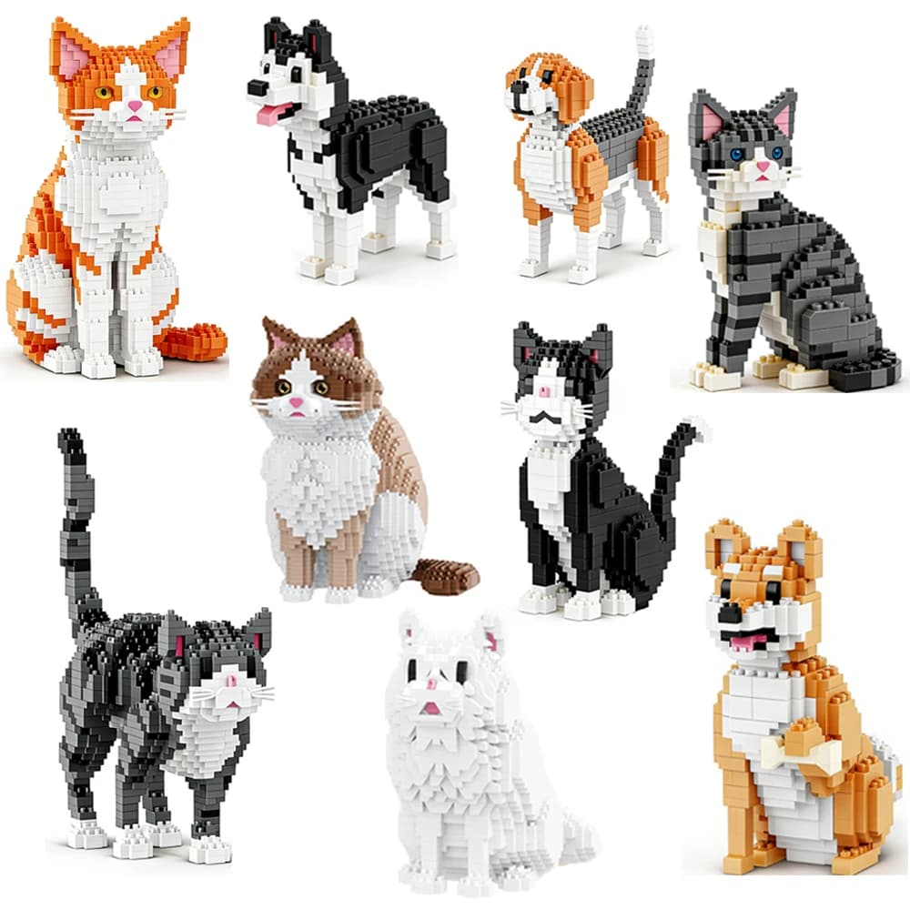 Figurines de construction animales Kawaii : Doberman, Caniche, Husky, Chat Tabby, Chien Mike, Mini Briques, Modèles Husky, Schnauzer – Jouet Cadeau