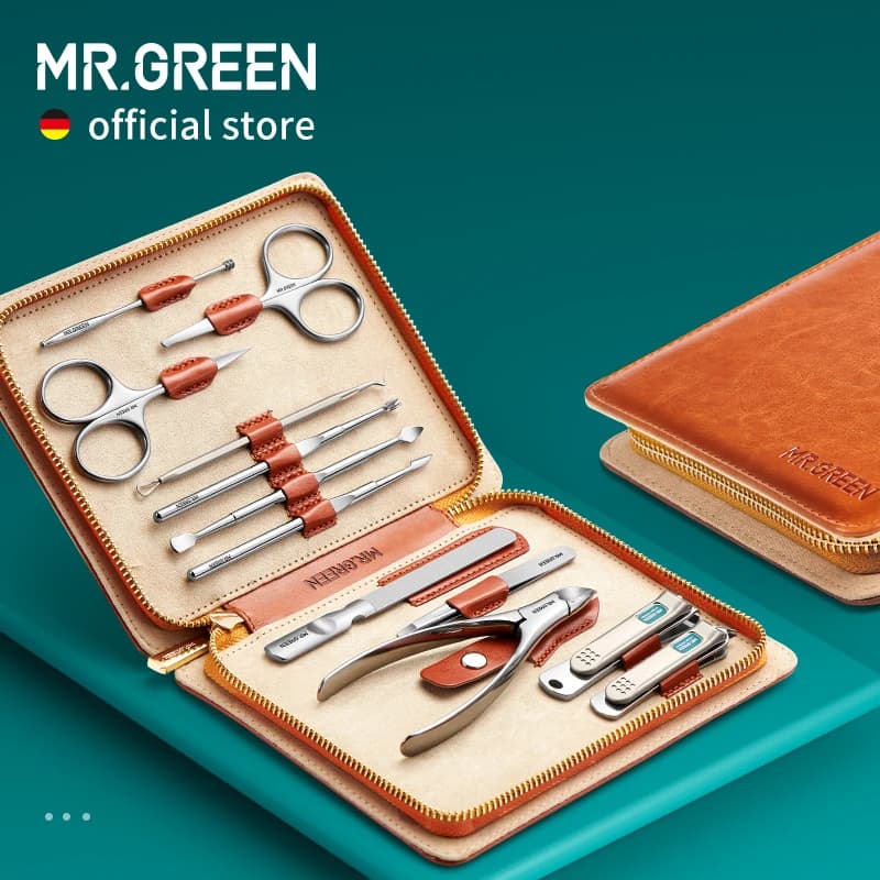 MR.GREEN-Kit de Manucure Professionnel en Acier Inoxydable, 12 en 1, Ensemble de Pédicure avec Étui Portable en Cuir, Fonction Complète, Cadeau