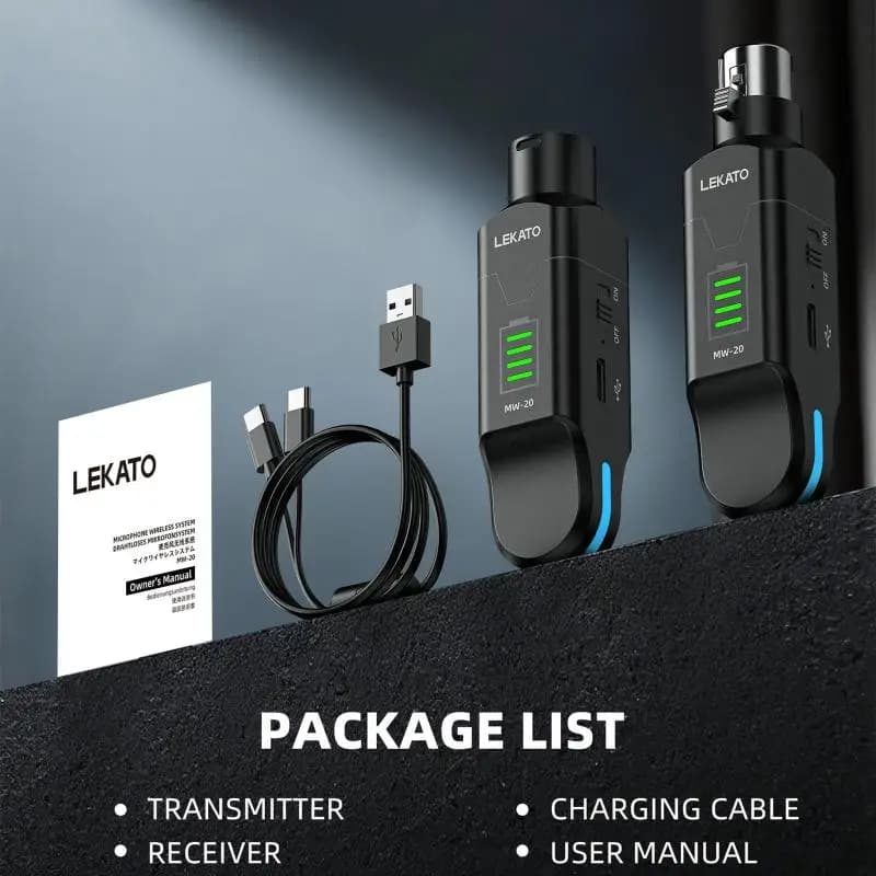 Lekato Mw-20Système Xlr sans fil-2.4G avec alimentation fantôme 48V pour condensateur/micros dynamiques, Audio 24 bits/48Khz, 4 canaux pour Pa en