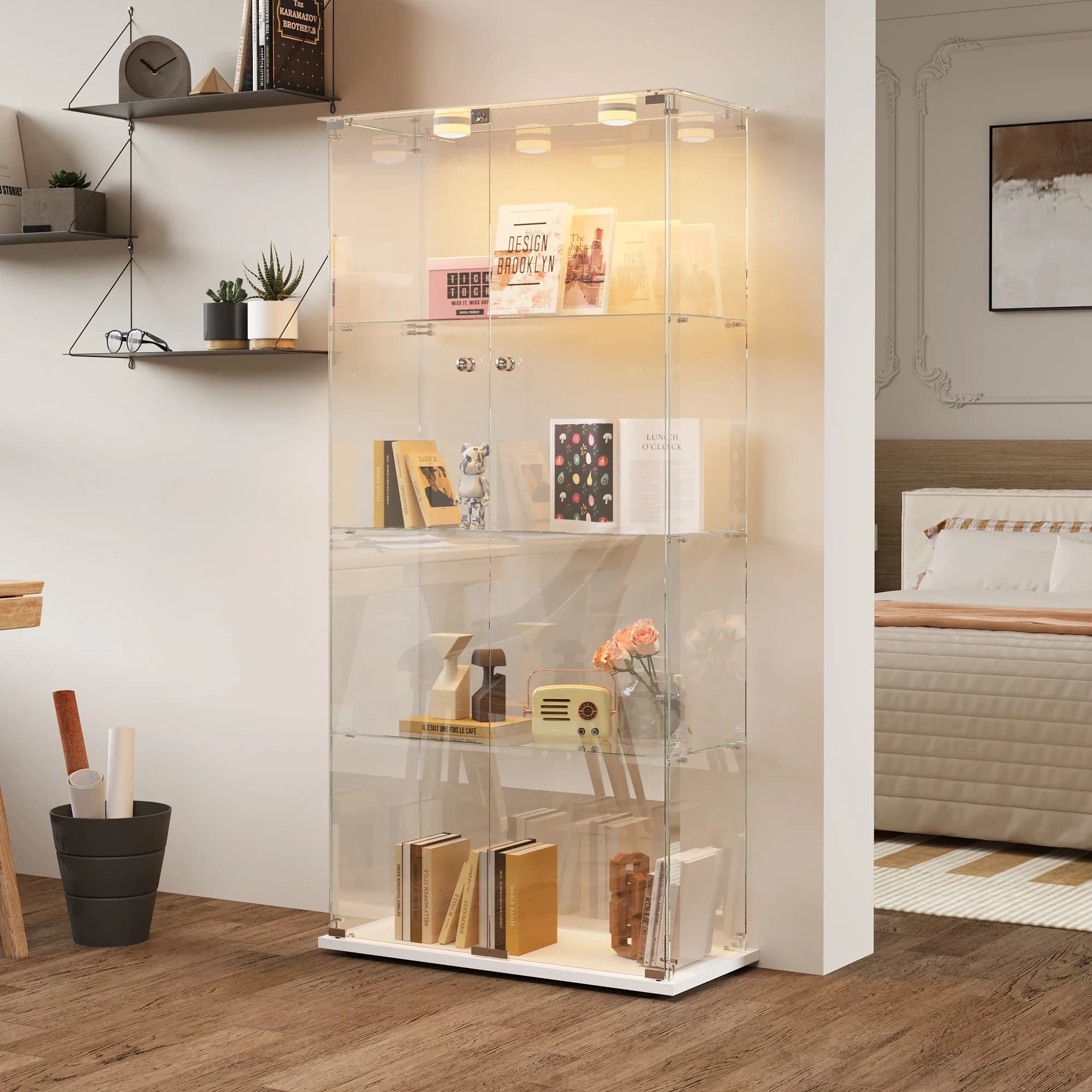 Rosahqnda vitrine en verre avec LED, armoire pour collection avec 2 portes,4 étagères, vitrine transparente pour meubles