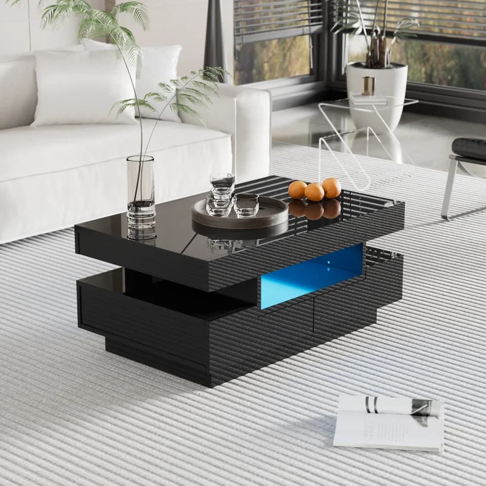 Table basse de salon moderne, surface brillante, avec barre lumineuse LED, quatre tiroirs devant et arrière, grand espace de rangement
