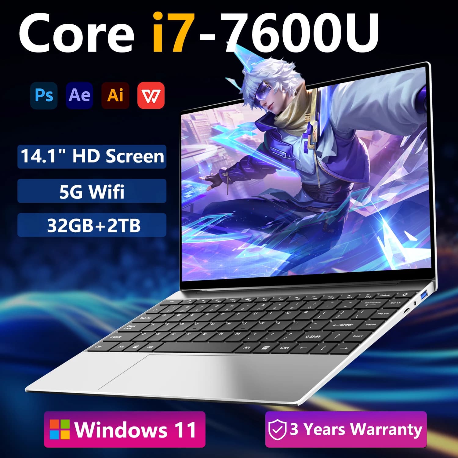 Intel Core I7 ordinateur portable 14.1 "2K Ultra mince ordinateur portable WiFi 6 32GB RAM 1 to 2 to SSD bureau étude Gamer ordinateur PC Windows 11