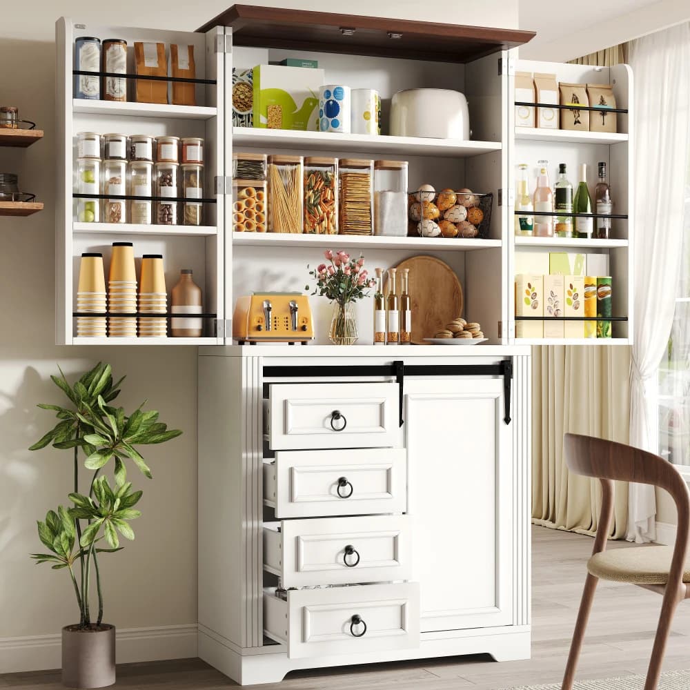 Meuble de rangement de cuisine autoportant blanc avec dispositif anti-basculement, étagère latérale pour collations, charnières à fermeture