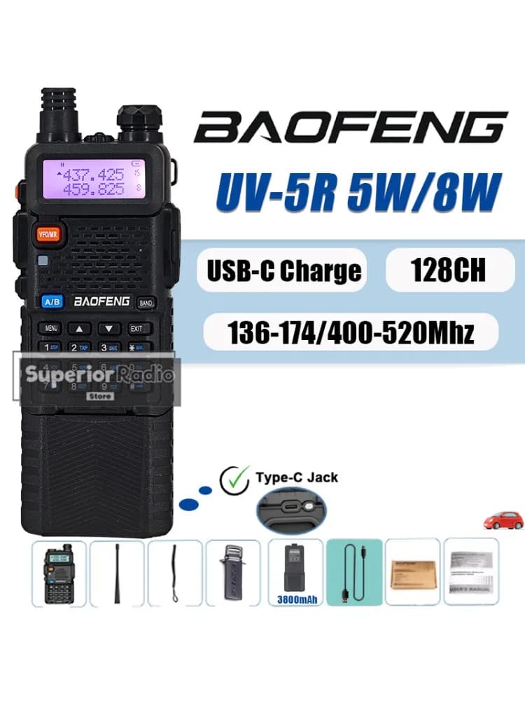 Baofeng UV-5R talkie-walkie 5W 8W batterie étendue 3800mAh USB-C double bande VHF UHF Radio bidirectionnelle 128 canaux Radio amateur Portable