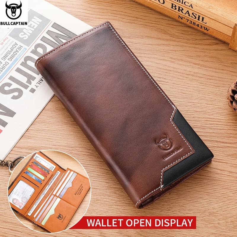 BULLCAPTAIN – sac à main Long en cuir véritable pour hommes, fonction RFID, porte-carte de crédit, porte-monnaie en cuir, portefeuille