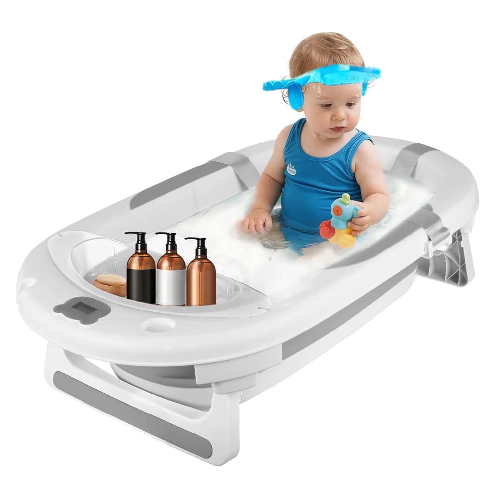 Baignoire Bébé, Design Pliable, Thermomètre Intégré, Coussin de Bain Doux, Pieds Antidérapants, Bouchon de Vidange, Comprend un Plateau,