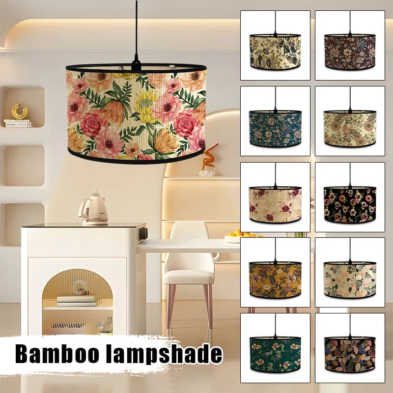 Abat-Jour en Bambou Fait à la Main, Rétro Américain, Imprimé Floral, Décoration de Maison Chaude, Lustre, Artisanat d'Éclairage