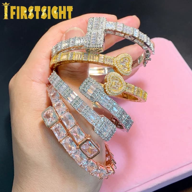 Bracelet coeur ouvert glacé Bling pour femme, rectangle, AAA CZ, document carré en argent, bracelet à breloques, bijoux Hip Hop, nouveau, 2024