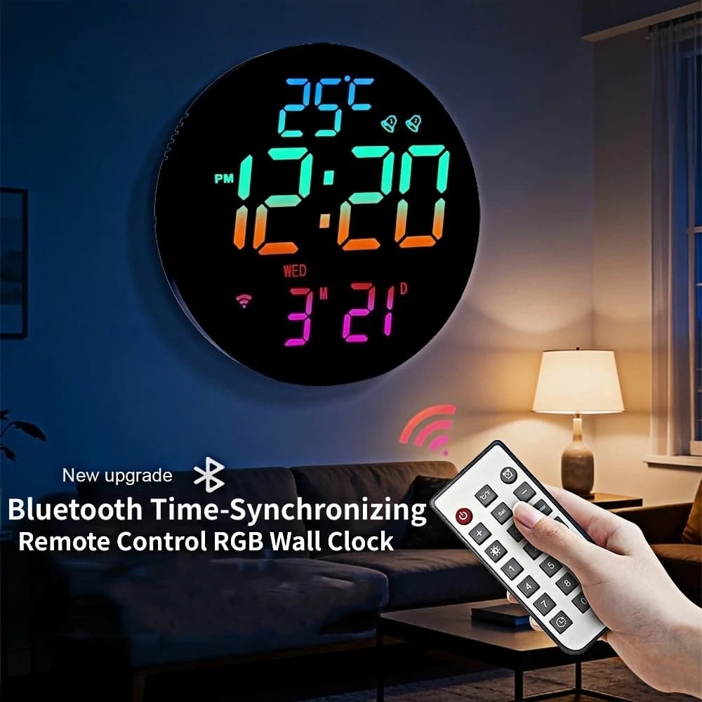 Horloge murale numérique RGB 10 pouces avec synchronisation Bluetooth, affichage de la température, date, semaine, compte à rebours, horloge de