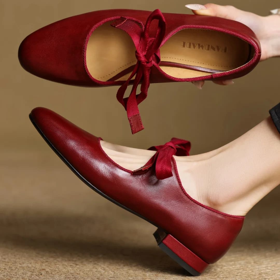 Chaussures plates Mary Jane en cuir de vache pour femmes, bout rond, à lacets, avec nœud papillon, de haute qualité, douces et confortables,