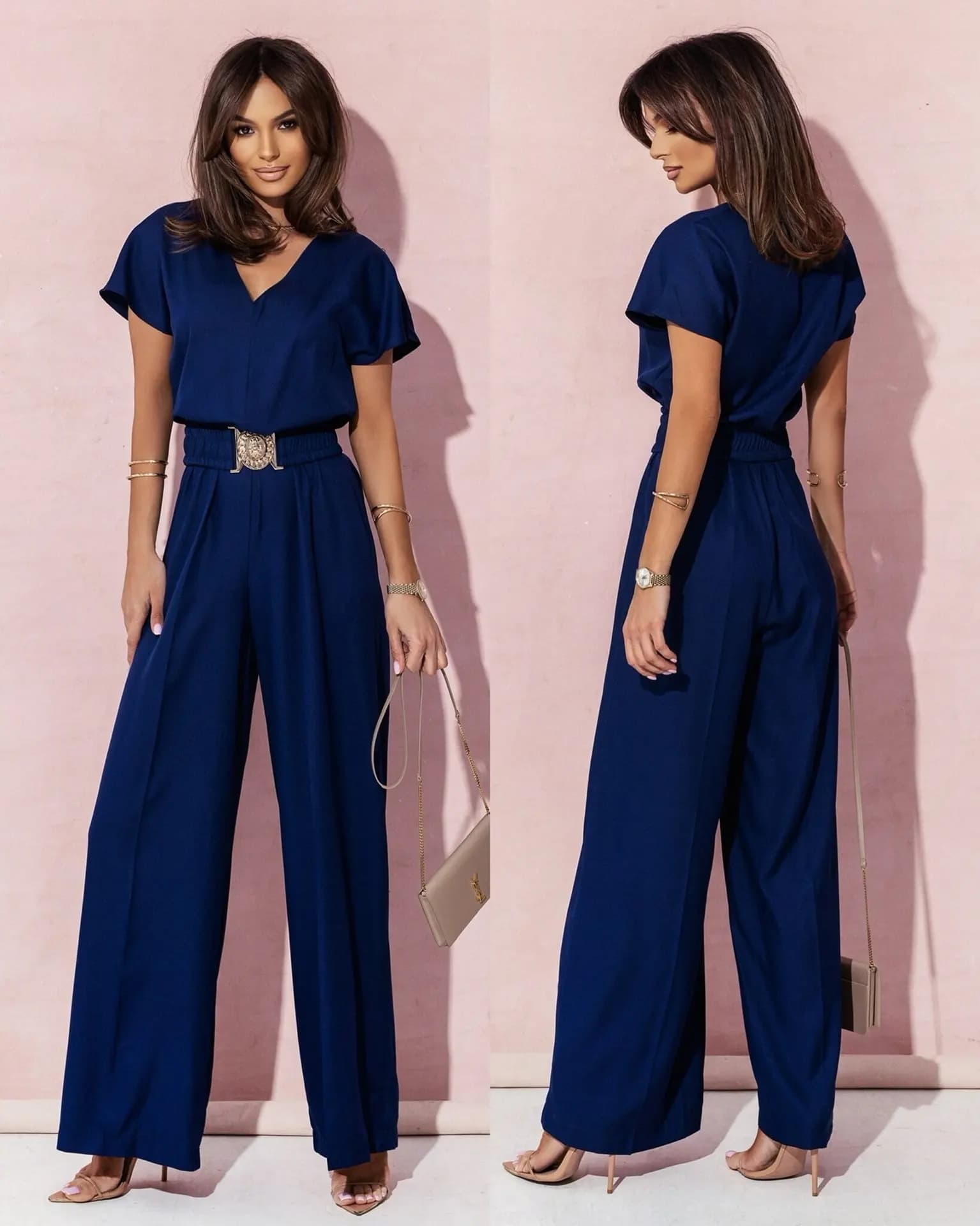 Mode col en v manches courtes taille haute combinaison femmes 2024 été solide jambe large élégant barboteuse Vintage combinaisons salopette femmes