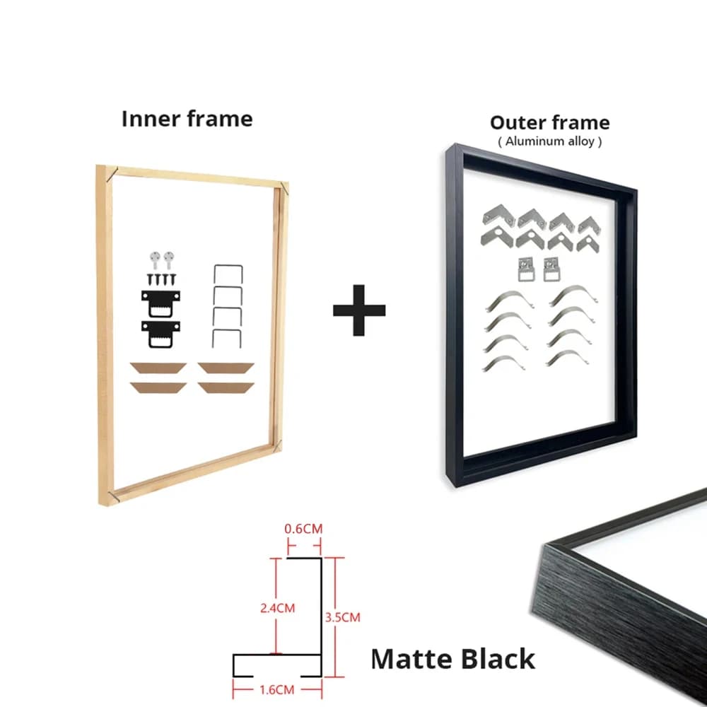 Kit de cadre de bricolage personnalisé, cadre extérieur en aluminium et métal noir doré et cadre intérieur en bois pour galerie de peinture sur