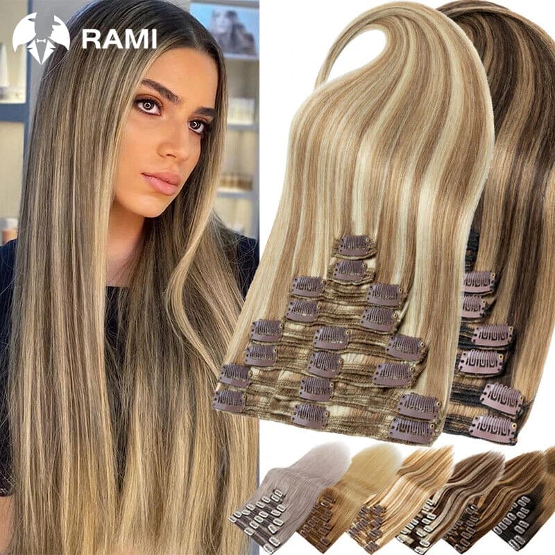 Extension de cheveux humains pour femmes 7 pièces pince en trame de cheveux Remy 100% Extensions de cheveux humains pour dame 12 ''-26'' Clips