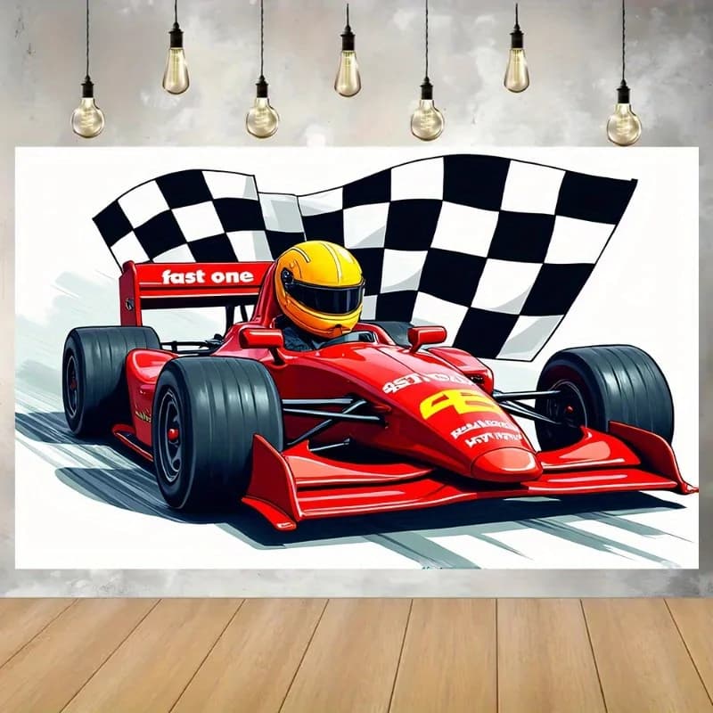 1 bannière de fond de voiture de course - une voiture de course de Formule 1 rouge vif avec un design de drapeau à carreaux et une décoration