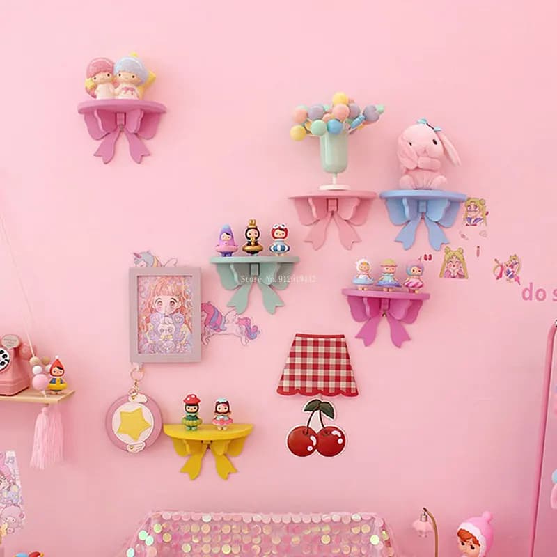 Étagères de chambre à coucher à nœud rose Kawaii japonais, rangement mural en bois cosmétique, décoration de chambre à cœur girly T1,