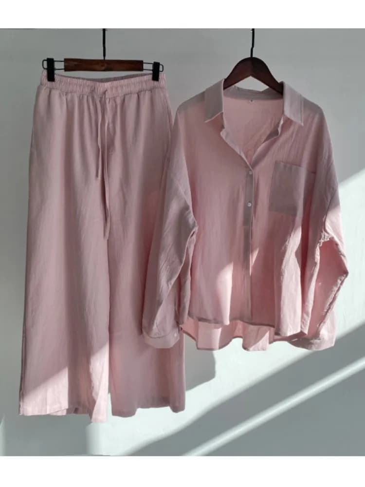 Ensemble deux pièces en coton et lin pour femme, chemise à simple boutonnage, pantalon document, cordon de proximité, jambes larges,