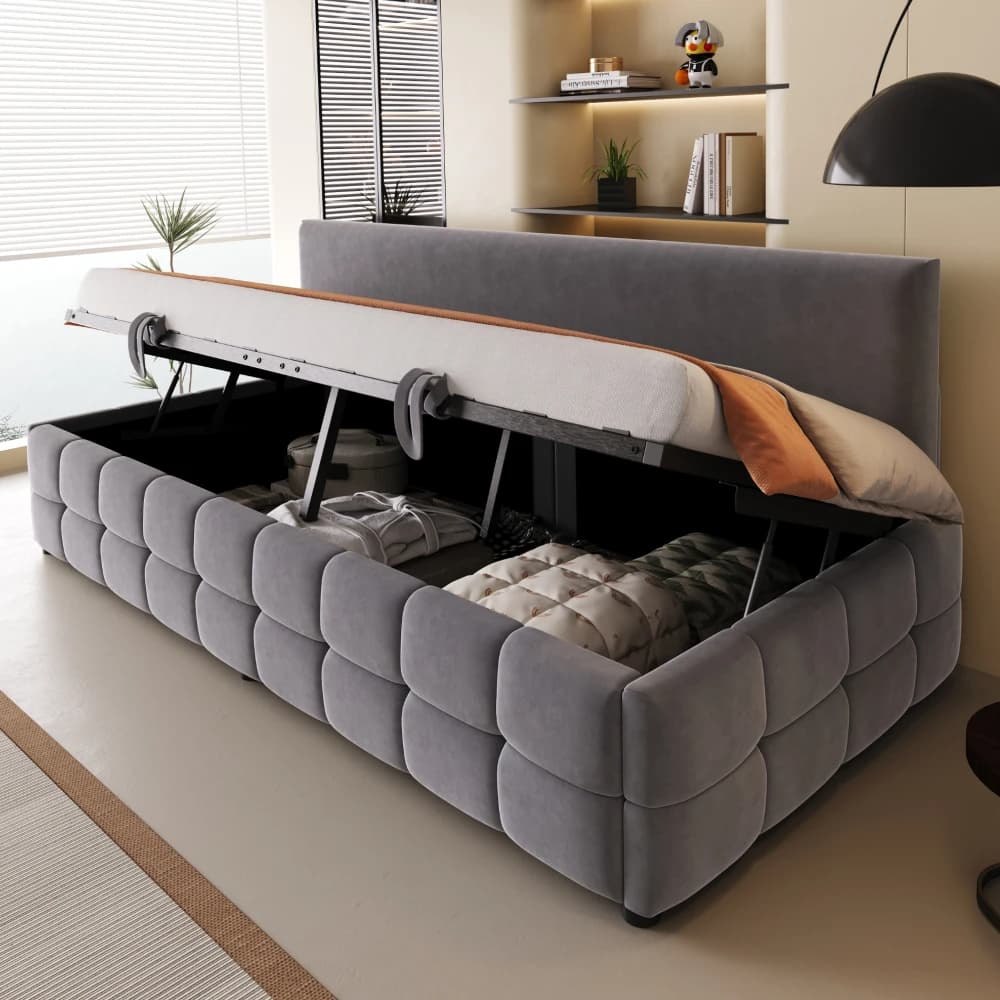 Canapé-lit rembourré 90*200 cm, avec rangement hydraulique, dossier sans accoudoirs, avec frappant, motif tapis classique, velours
