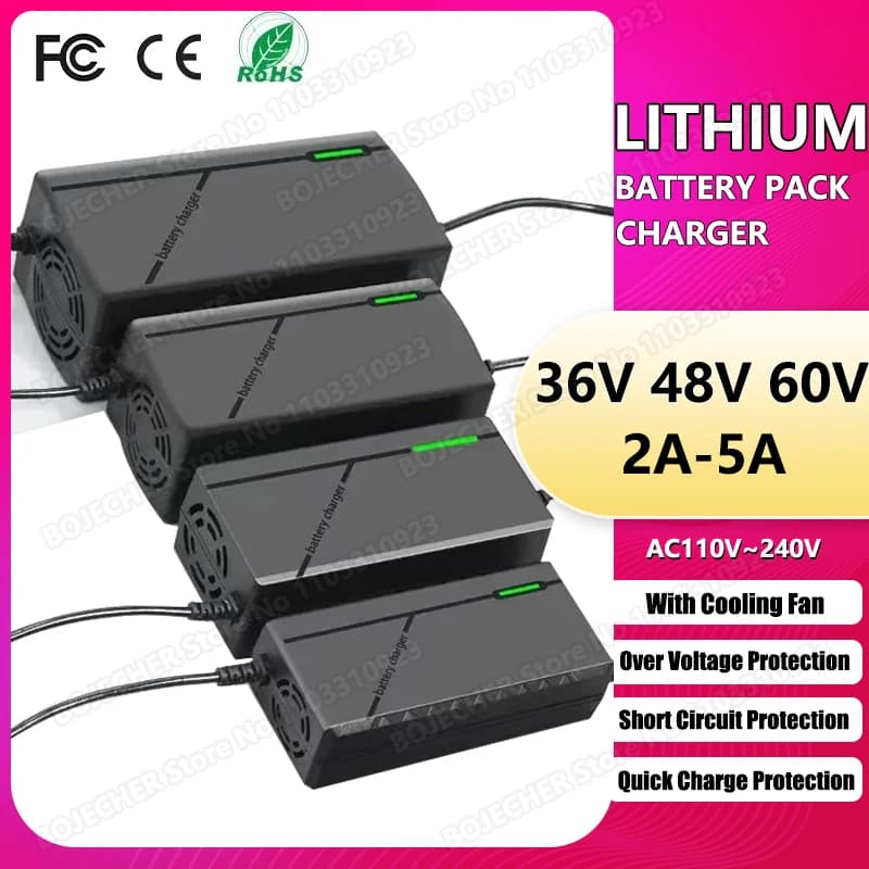 Chargeur de batterie Lithium-ion 48V 36V 60V 2A 5A 10S 13S 16S, pour vélo électrique et Scooter 54.6V 42V 67.2V, charge rapide intelligente, prise