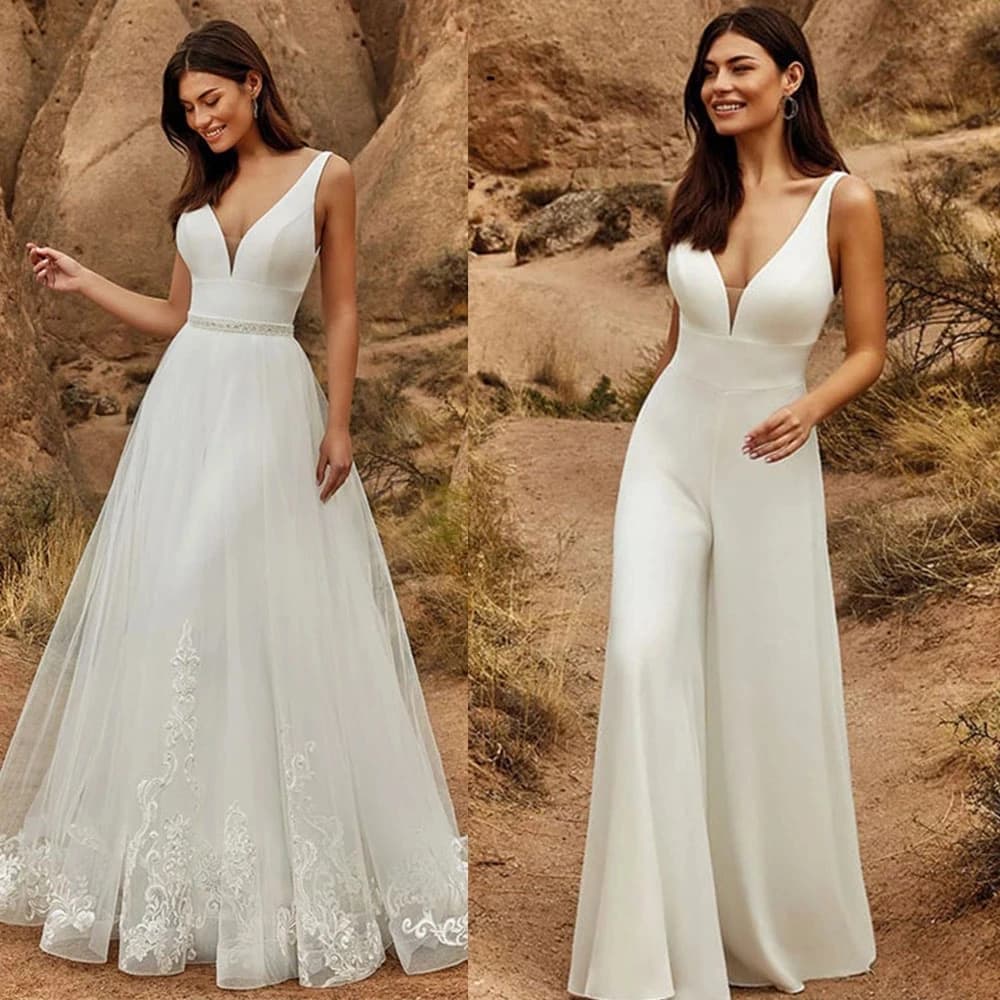 Combinaison de mariage 2 en 1 avec jupe détachable, deux pièces, robes de mariée, pantalon, costume pour femmes, dentelle, Tulle, col en v, robes