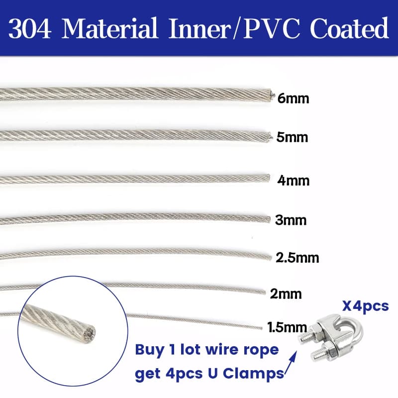 Câble métallique enduit Transparent PVC, 20/30/50 mètres, corde en acier inoxydable 304, corde à linge souple, diamètre 1.5mm 2mm 3mm 4mm