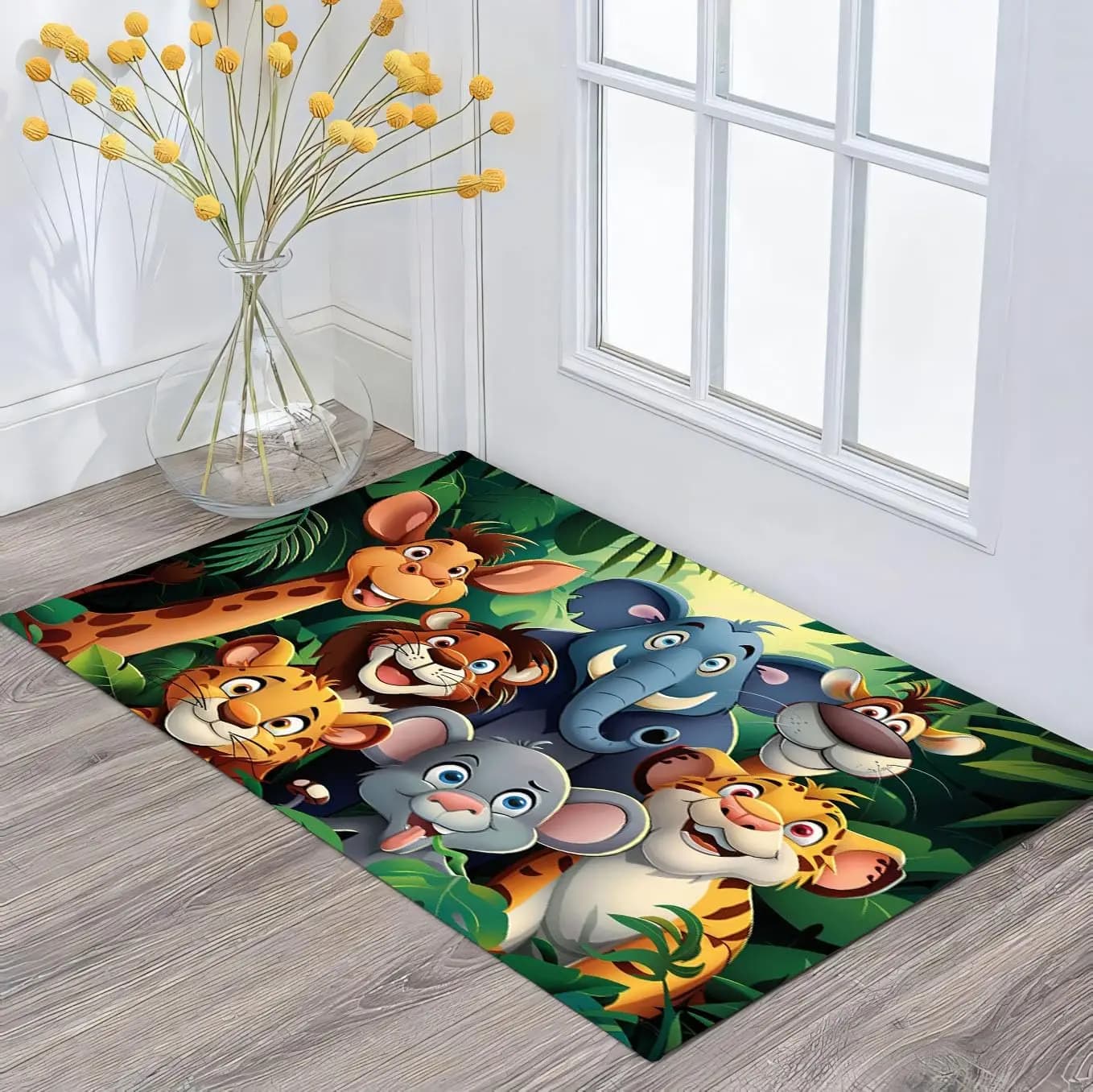 Tapis imprimé d'animaux de dessin animé, tapis d'éveil pour enfants, éléphant, girafe, tapis de sol lavable avec des animaux mignons de dessin