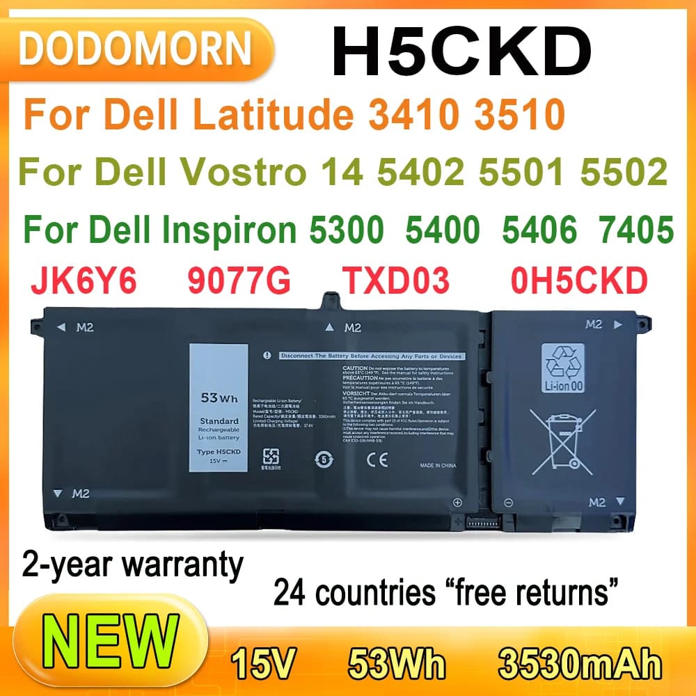 Batterie 53Wh pour ordinateur portable Dell Latitude 3410 3510, Dell Tystro 14 5402 5501 5502, Dell Inspiron 5300 5401 JK6Y6 H5CKD