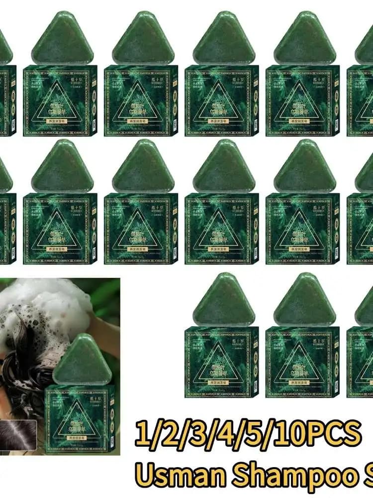 Barre de shampoing triangulaire 1-10PCS, barre de shampoing à l'herbe Usman, shampoing au savon vert Nature Seven, apaise et renforce les cheveux