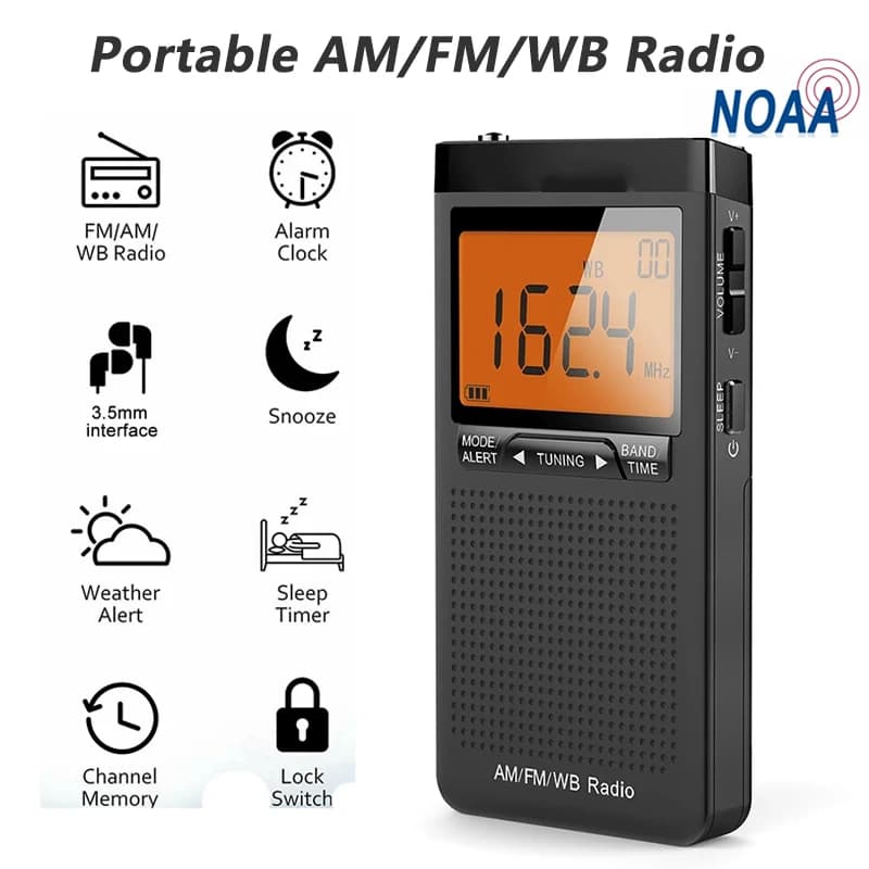 Mini Radio météo Portable AM FM NOAA, Mini Radio de poche, excellente réception, grand écran LCD, réveil numérique