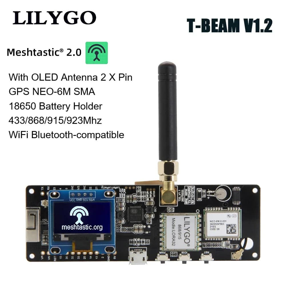 LICircGO®TTGO Meshtastic T-Beam V1.1 ESP32 433/868/915/923Mhz WiFi BT ESP32 GPS NEO-6M SMA 18650 support de batterie avec OLED