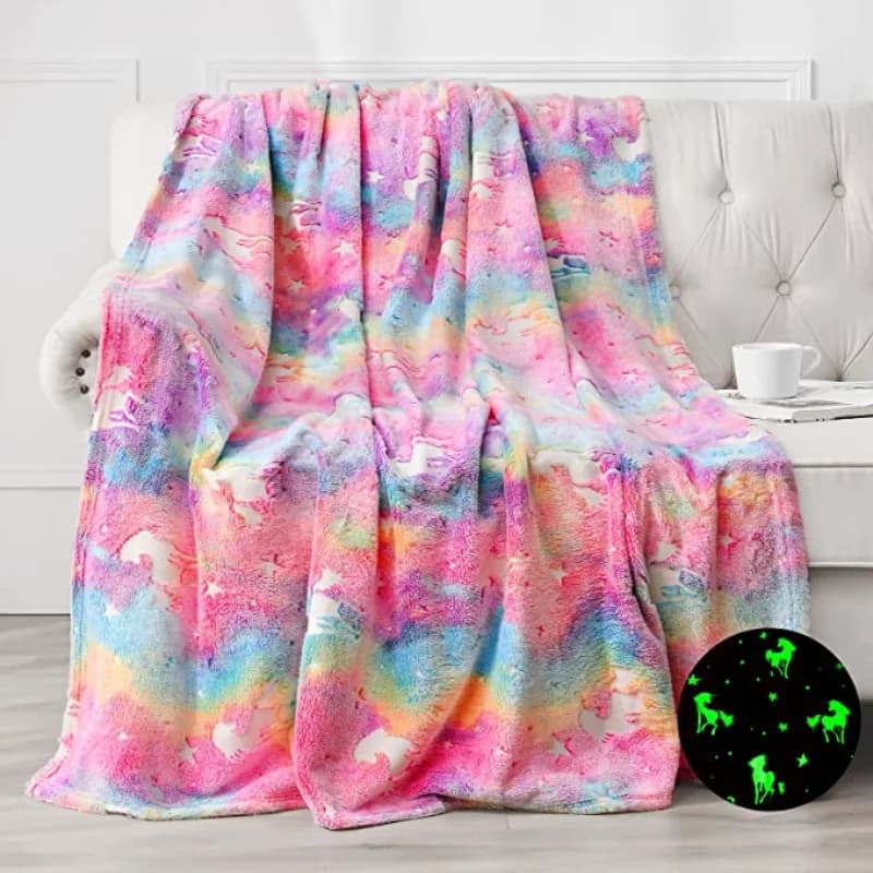 Couverture spacecra qui brille dans la nuit, cadeau licorne pour enfant, décor de chambre d'anniversaire, jouets licorne, couverture lumineuse douce