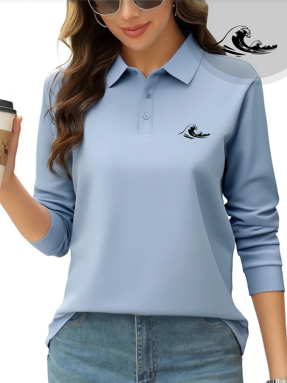 Polo imprimé vagues intéressantes pour femmes, T-Shirts respirants de printemps, hauts à manches longues, vêtements de travail sportifs pour