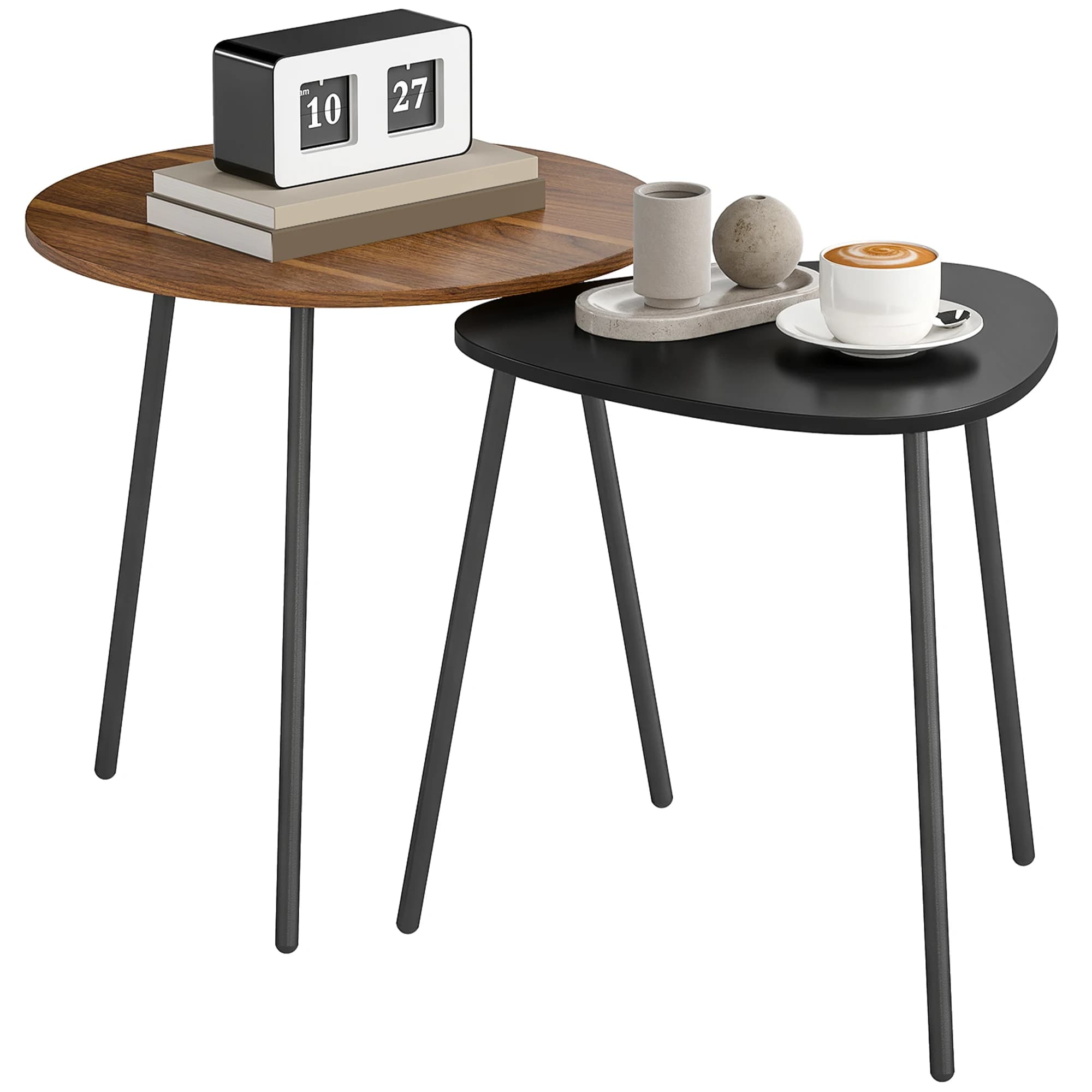HOMCOM Lot de 2 tables basses gigognes, tables d'appoint style contemporain cadre en métal, en forme ronde et triangulaire, bout