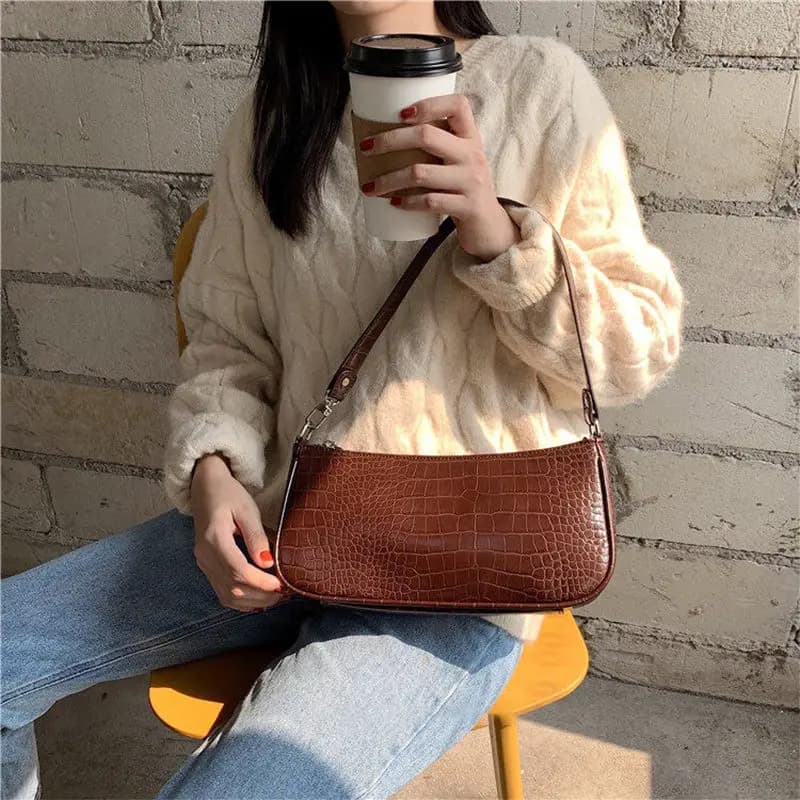 Sac à main en cuir PU motif crocodile pour dames, design français, sac à ati elles rétro, sacs initiés, pochette solide pour filles, sacs à main