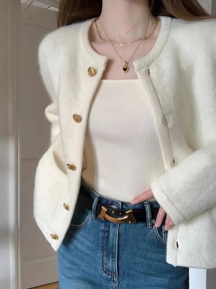 Cardigan à col rond pour femme, manteau pull blanc tempérament, haut de style à simple boutonnage, début du printemps et de l'automne, nouveau