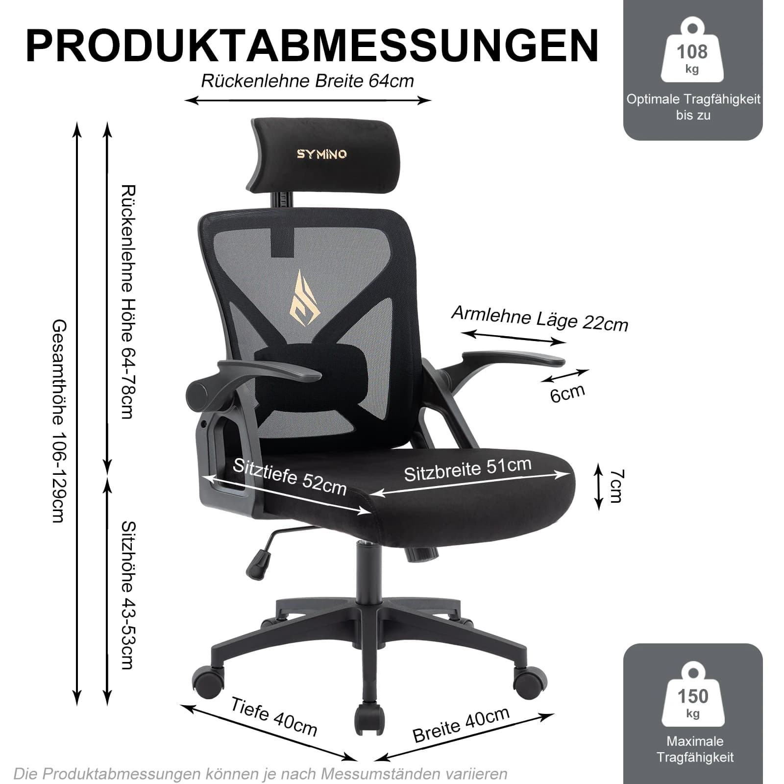 SYMINO Chaise de bureau avec appui-tête réglable, accoudoirs, soutien lombaire, chaise de bureau ergonomique, fonction à bascule rotative