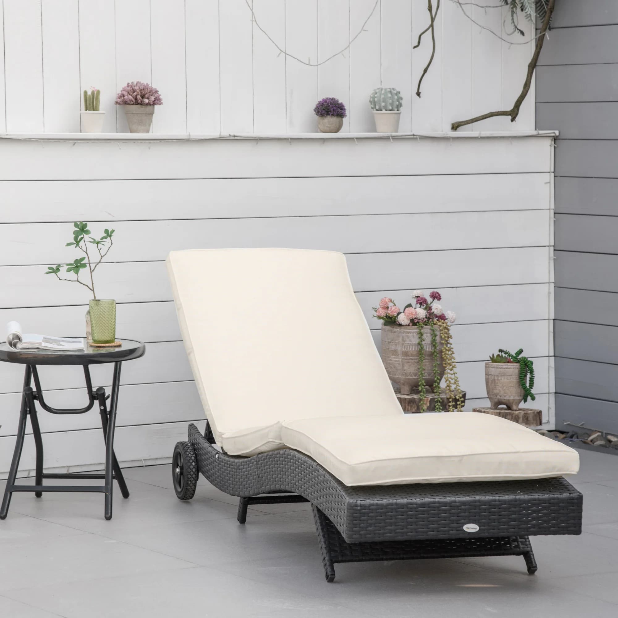 OUTSUNNY-Chaise Longue Inclinable en Rotin, en Forme de S, avec 2 Roues, 207x70x70cm