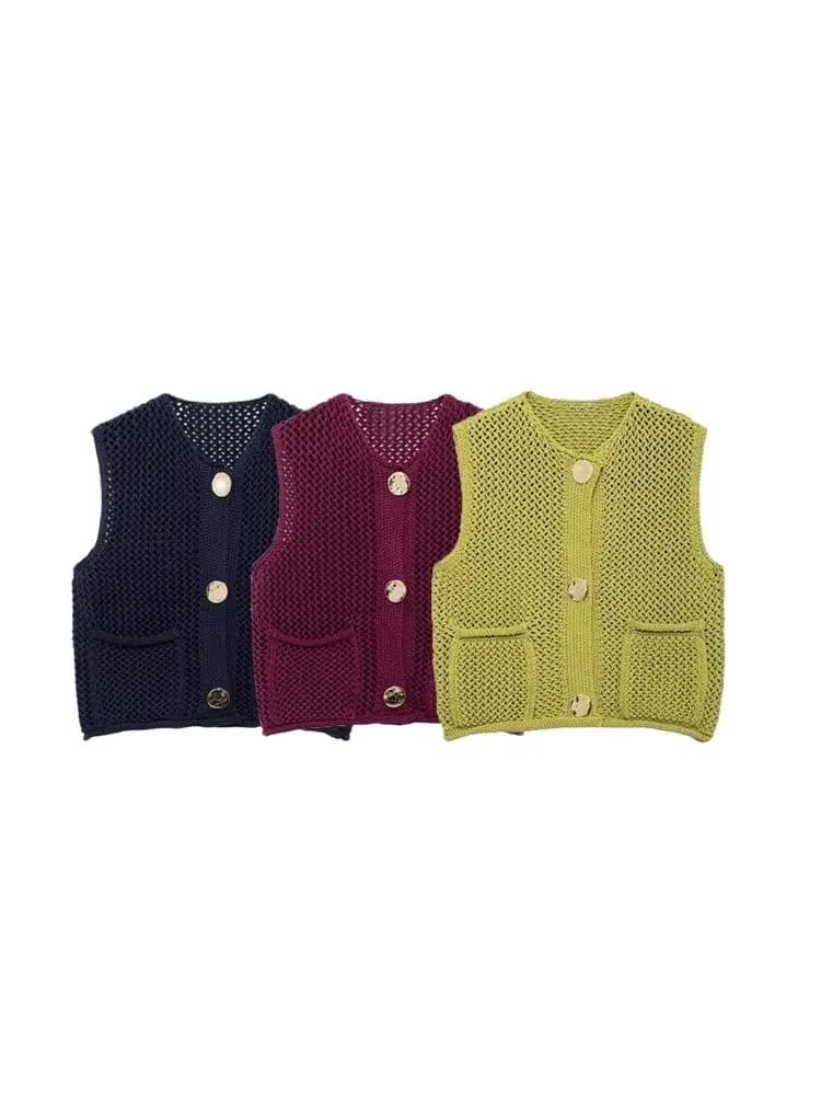 Pull tricoté avec boutons dorés pour femmes, col rond, sans manches, poches plaquées, vêtements d'extérieur pour femmes, hauts chics, à la mode