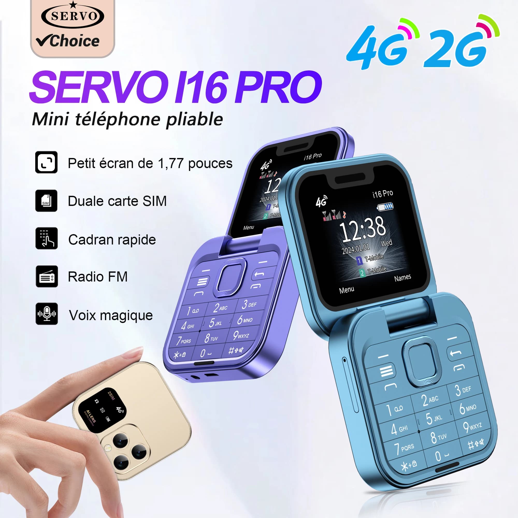 Téléphone portable pliable SERVO Mini Flip 4G/2G, écran 1,77 pouces, numérotation rapide, lampe torche, enregistreur, radio FM, double SIM