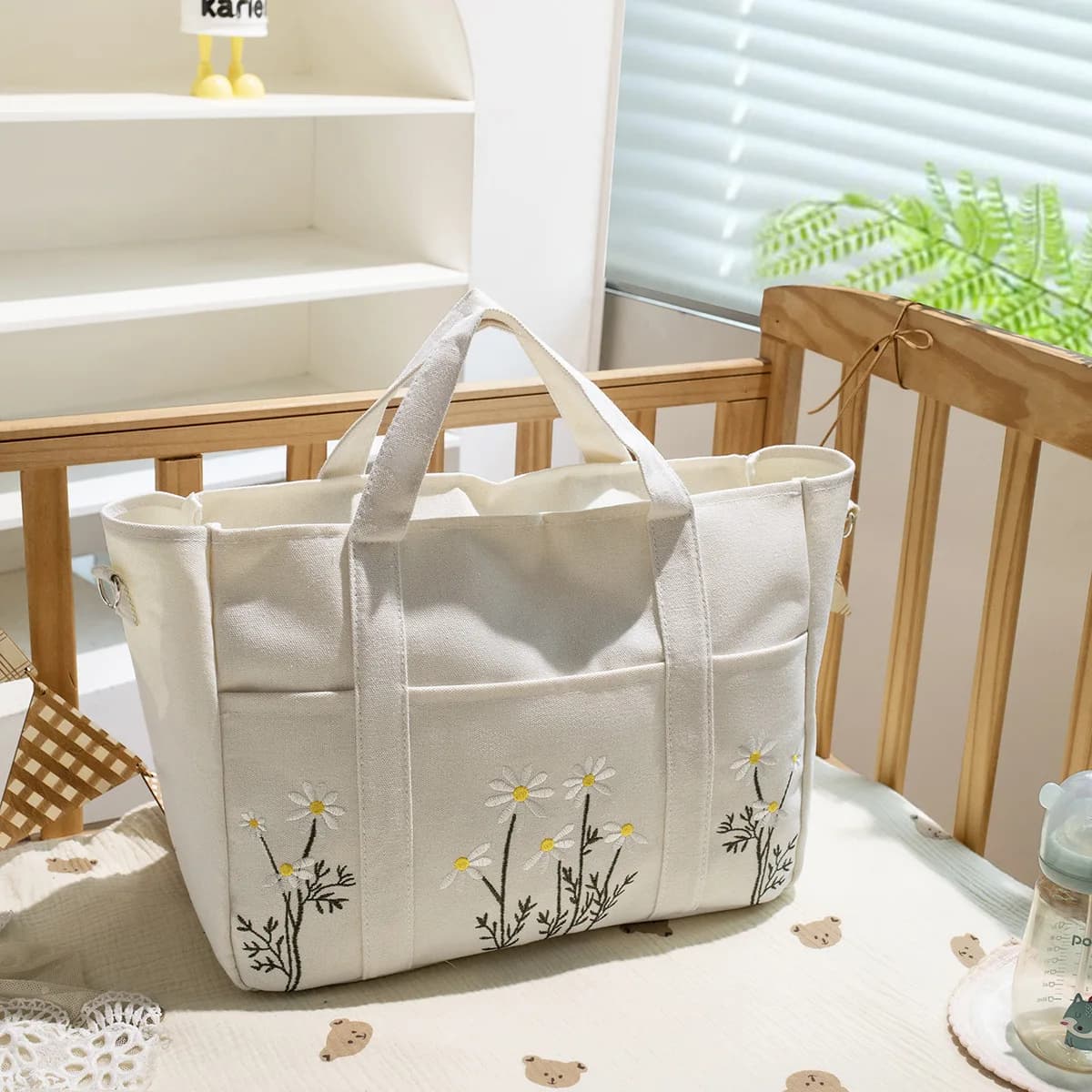 Sac à langer en toile multi-poches brodé de fleurs pour maman, grande capacité, organisateur de couches, articles pour bébé, sac fourre-tout pour