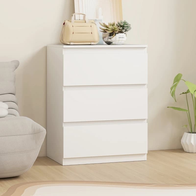 Commode blanche à 3 tiroirs pour salon, chambre ou couloir – Armoire de rangement en panneaux de particules – Gain de place, robuste – Montage