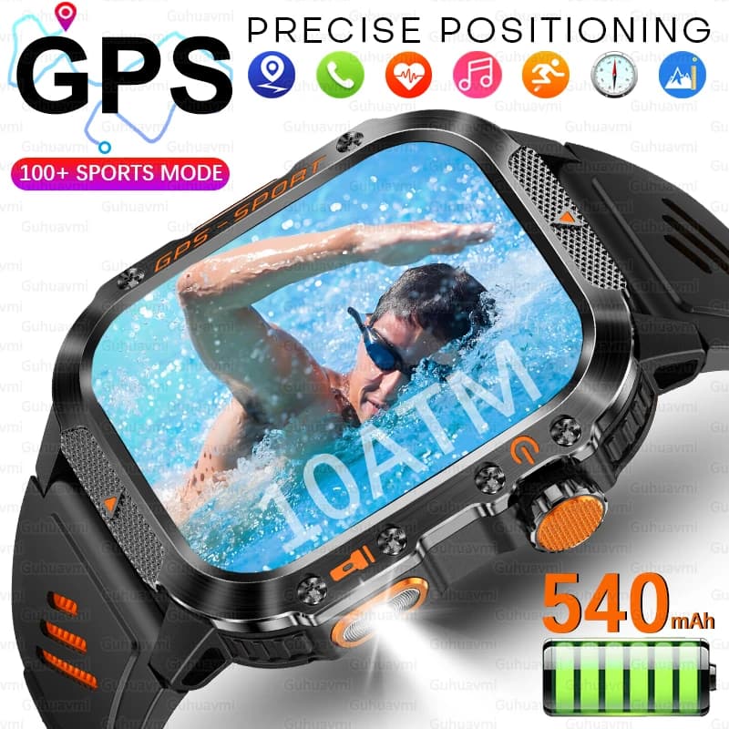 Montre connectée GPS d'extérieur pour hommes, de qualité militaire, boussole, fréquence cardiaque, appel BT, lampe de poche LED, étanche 10ATM,