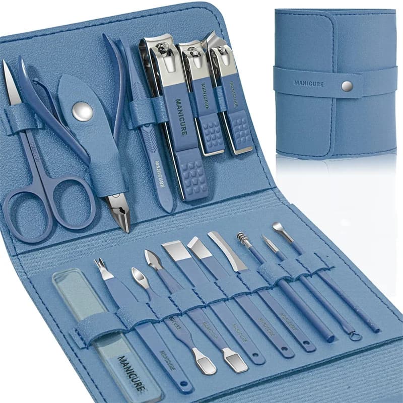 Ensemble de manucure 16 en 1, Kit complet de fonctions, ensembles de pédicure professionnels en acier inoxydable avec étui Portable en cuir, idée