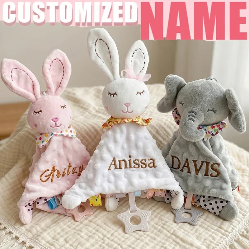 Doudou personnalisé avec nom, lapin en peluche et hochet en silicone pour bébés – Cadeau idéal pour la naissance