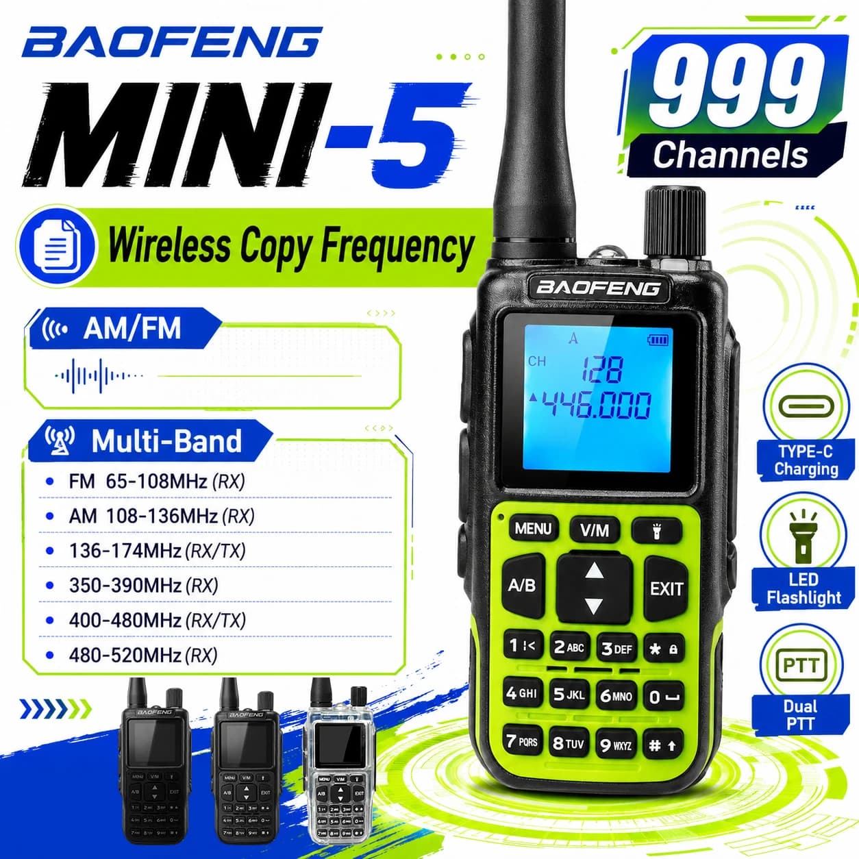 Radio portable BAOFENG MINI5, charge USB Type-C, ultra-mince, format de poche, double bande, veille, talkie-walkie rechargeable